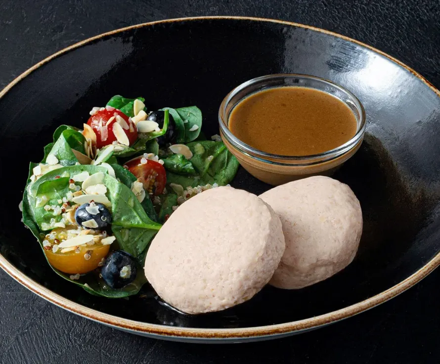 Steamed chicken patties with almonds and blueberries